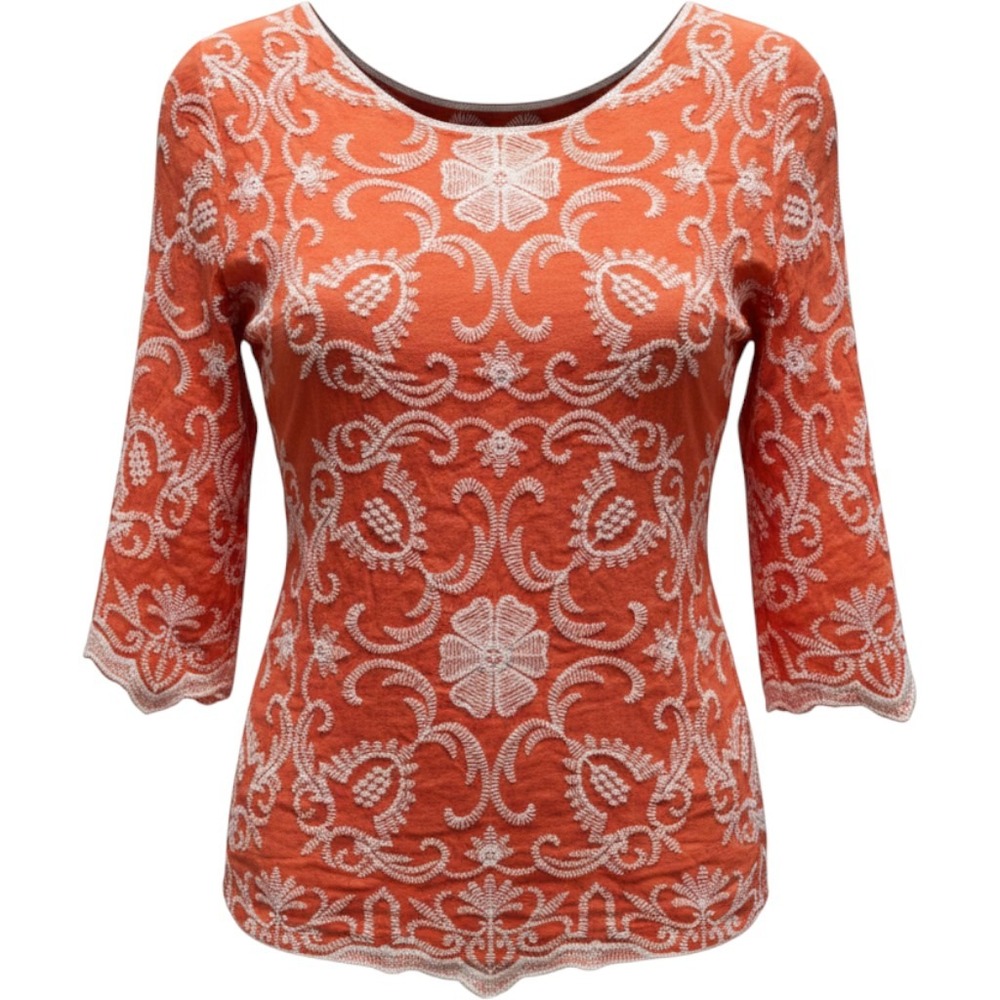 Solitaire  Small Embroidered Top Women Orange EUC 3/4 Sleeve Boho Scallop Hem